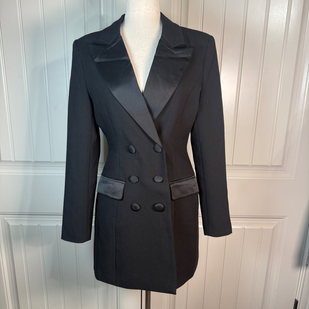Miss Circle Black Tuxedo Blazer Dress Womens Medium Satin Lapel Double Breasted